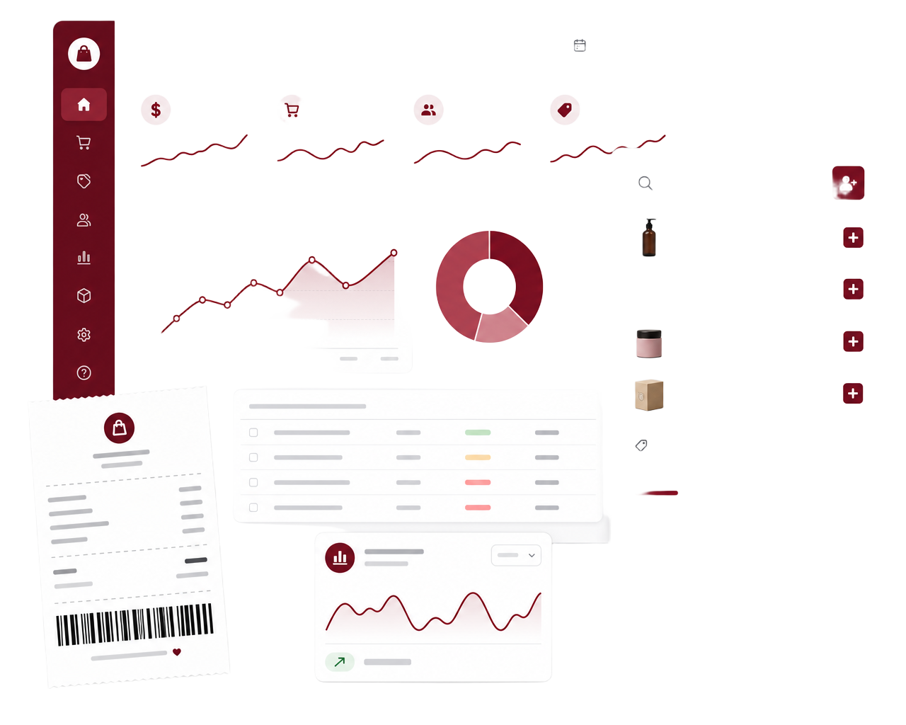 AririPOS dashboard, checkout panel and printed receipt